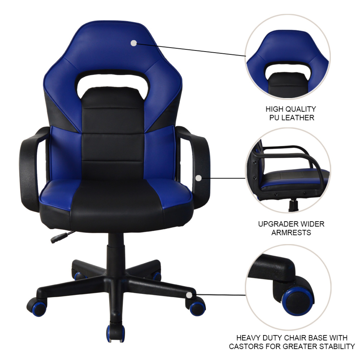 Gamestoel Thomas junior - bureaustoel racing gaming stijl - hoogte verstelbaar - zwart blauw - alternatieve afbeelding