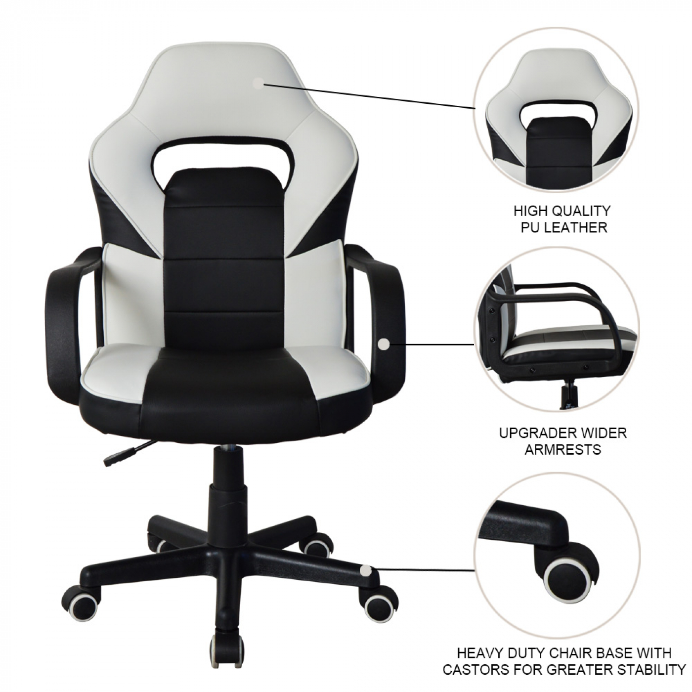 Bureaustoel Thomas junior - gamestoel racing gaming stijl - hoogte verstelbaar - zwart wit - alternatieve afbeelding