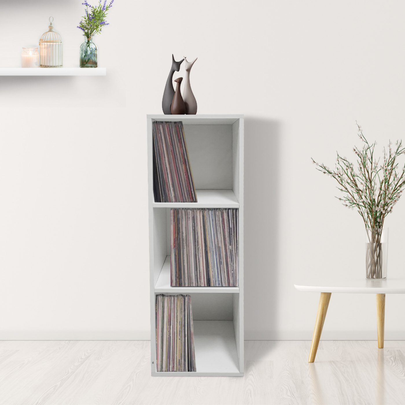 Lp platen vinyl opbergkast - opbergen lp vinyl platen - boekenkast - 3 vakken - wit - alternatieve afbeelding