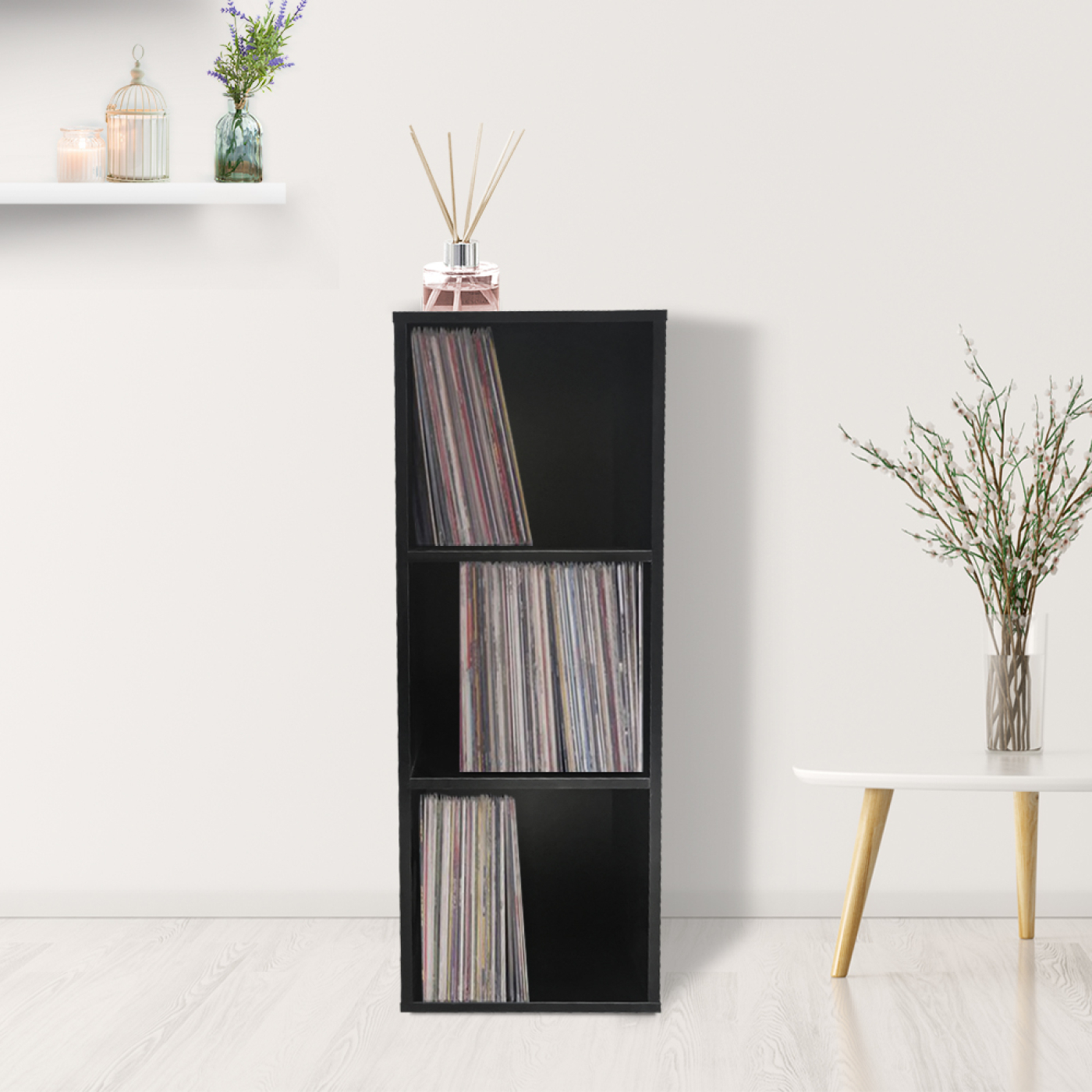 Lp platen vinyl opbergkast - opbergen lp vinyl platen - boekenkast - 3 vakken - zwart - alternatieve afbeelding