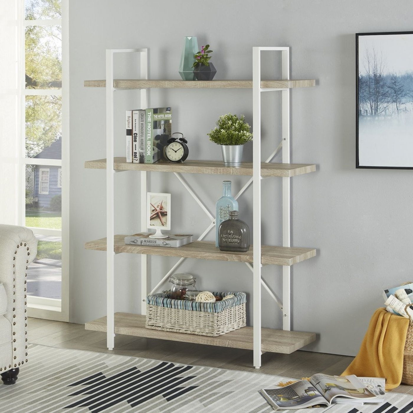 Wandkast Stoer metaal hout industrieel design open boekenkast 140 cm hoog wit - alternatieve afbeelding