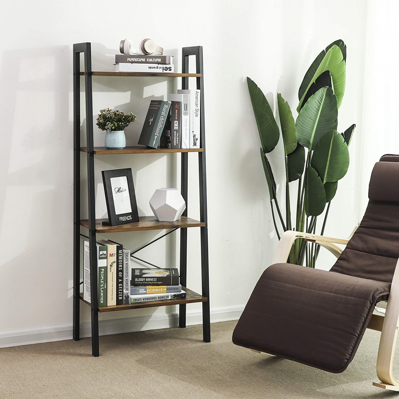 Wandkast Stoer metaal hout industrieel design open boekenkast 137 cm hoog zwart - alternatieve afbeelding