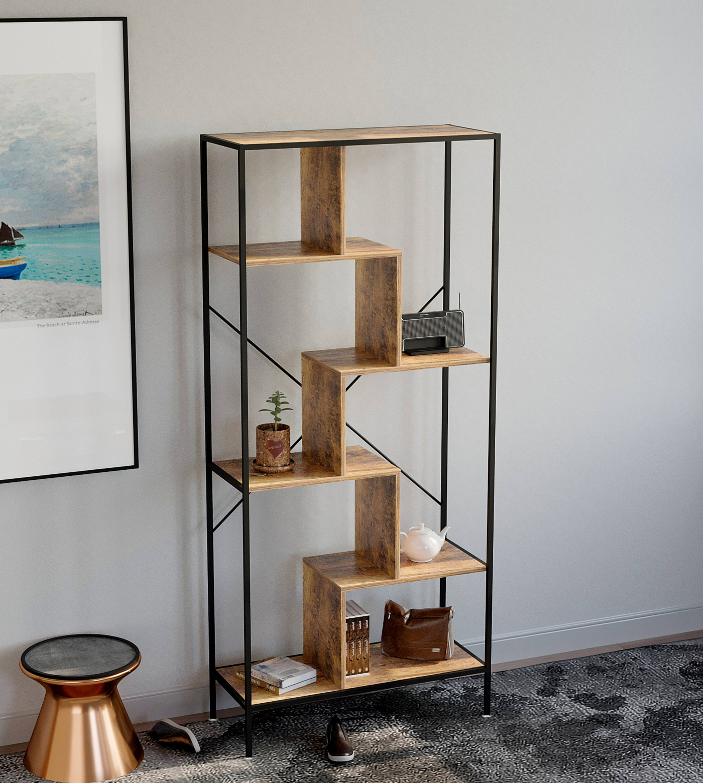 Boekenkast wandkast Stoer - industrieel - metaal hout - 180 cm hoog - alternatieve afbeelding