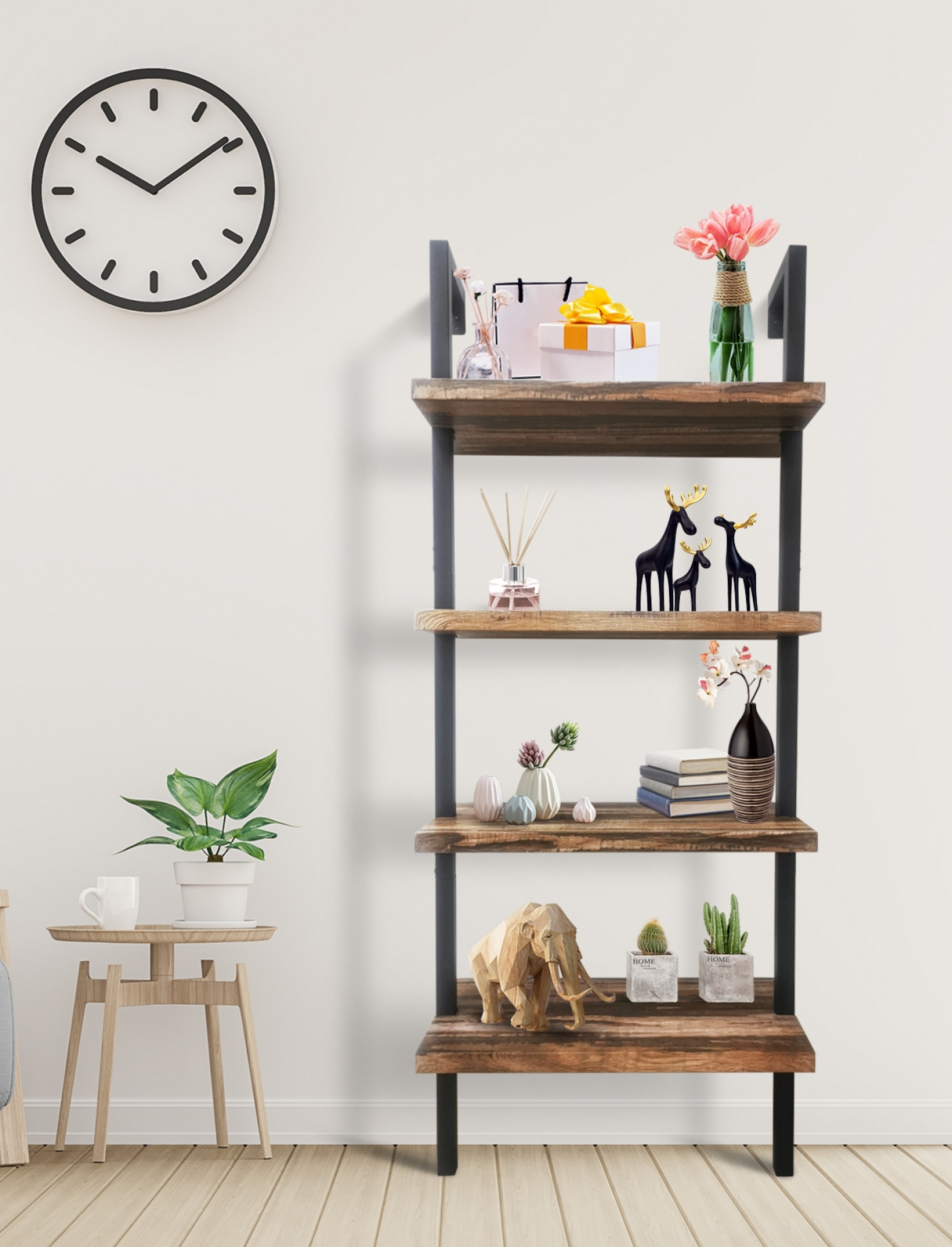 Wandkast wandrek ladder Stoer metaal hout industrieel design open boekenkast 152 cm hoog zwart - alternatieve afbeelding