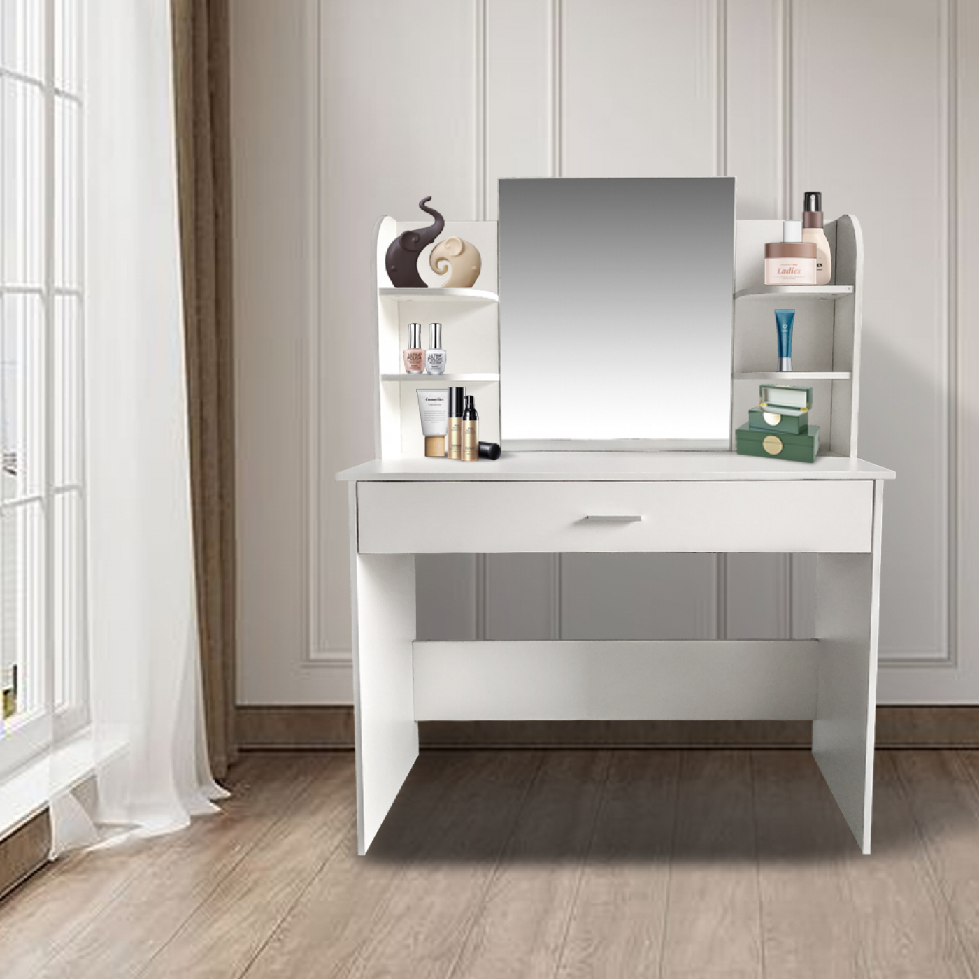 Kaptafel - make up visagie opmaaktafel - toilettafel - met spiegel lade en opbergplanken - wit - alternatieve afbeelding