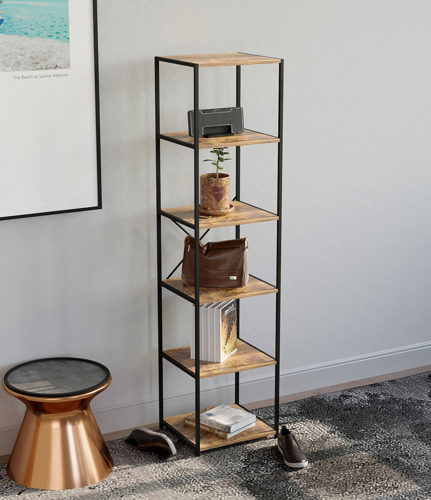 Keukenkast industrieel - keukenrek organizer - 174 cm hoog - vintage bruin hout - alternatieve afbeelding