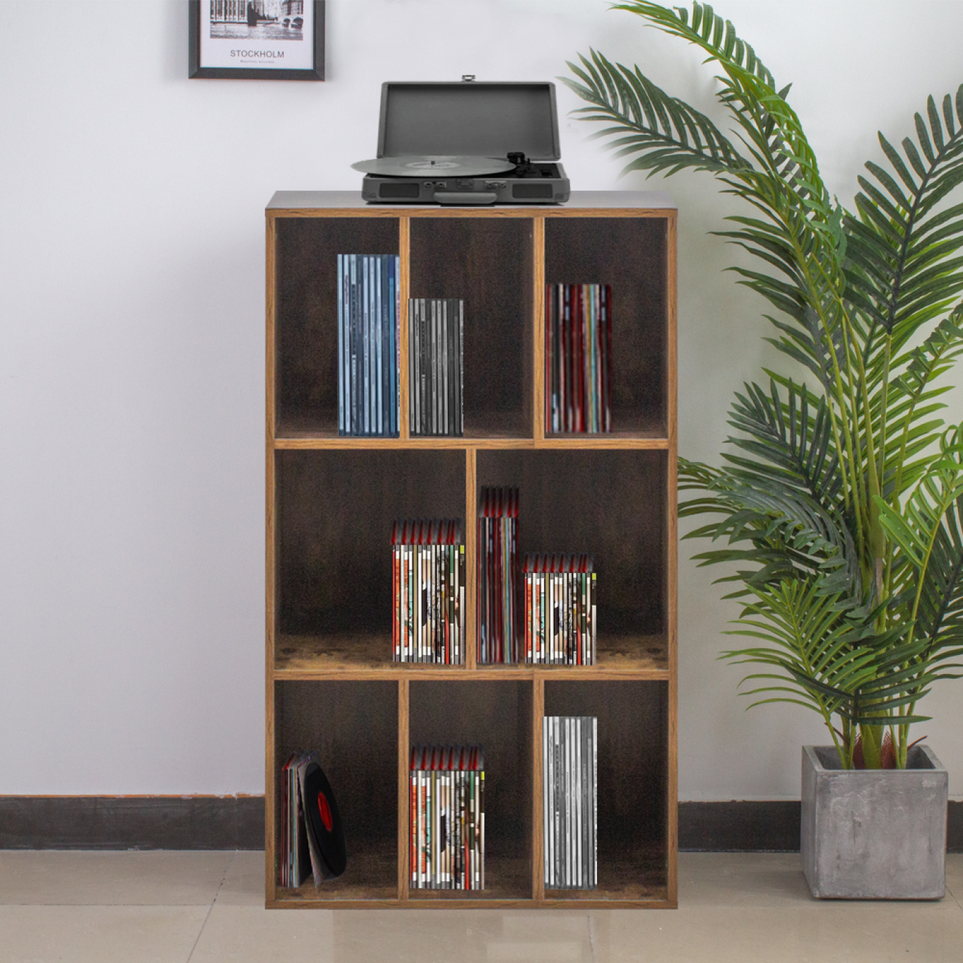 LP platen opbergkast - platenkast - opbergen lp vinyl platen - boekenkast - vintage bruin - alternatieve afbeelding