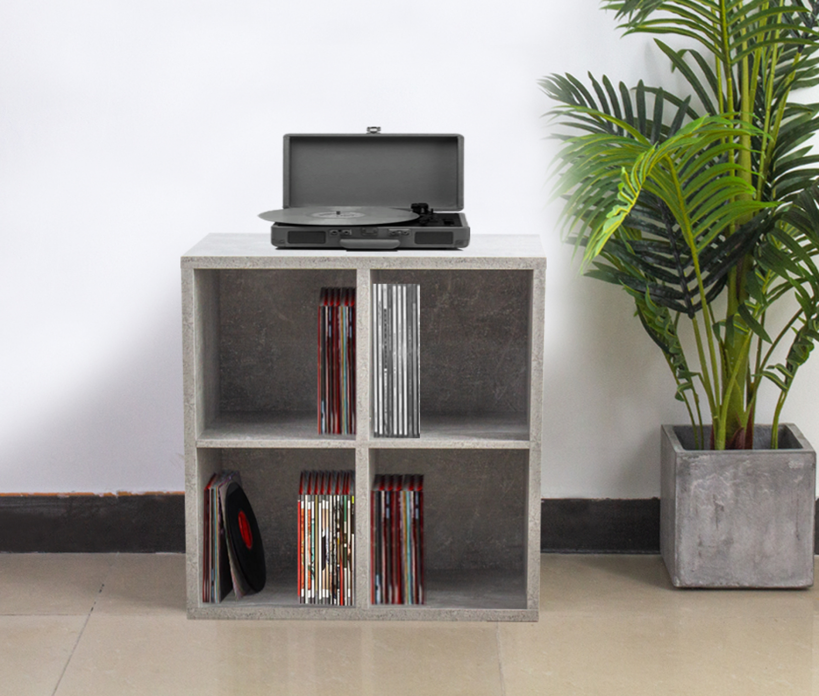 Platen vinyl lp kast - opbergen lp vinyl platen - boekenkast - grijs beton - VDD Stage Platen vinyl lp kast - opbergen lp vinyl platen - boekenkast - grijs beton - VDD Stage