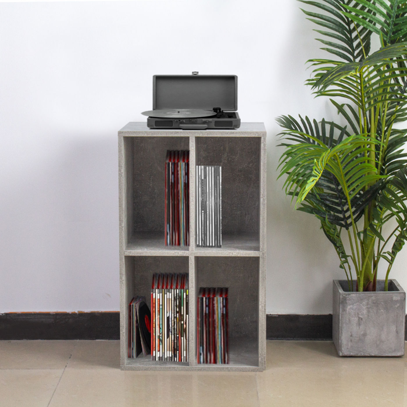 Vinyl lp platen kast - opbergen lp platen - platenspeler meubel - grijs beton look - alternatieve afbeelding
