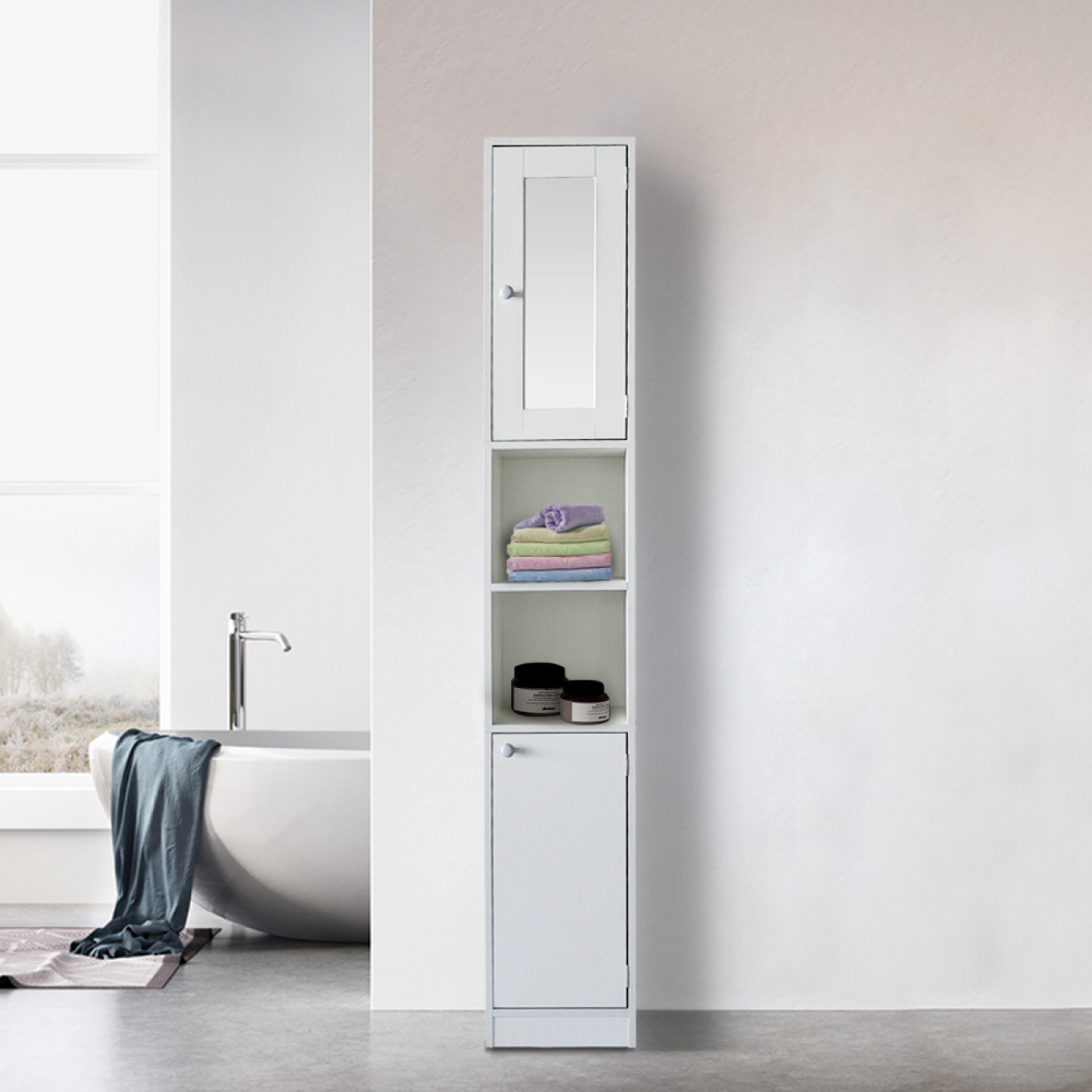 Kolomkast badkamer - opbergkast badkamer of hal - met spiegel - 180 cm hoog - wit - alternatieve afbeelding