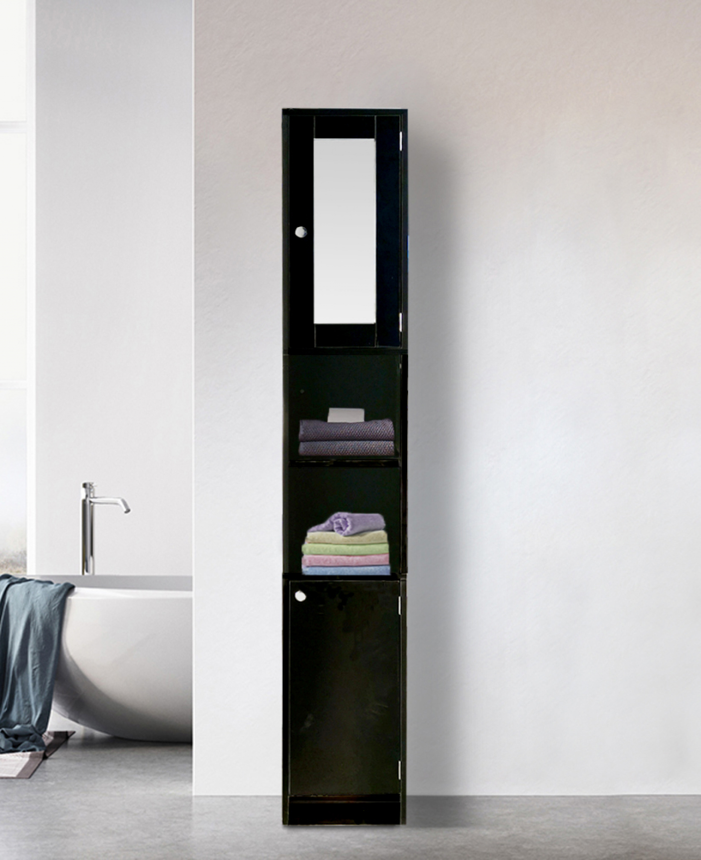 VDD Badkamerkast - Kolomkast Badkamer - Met Spiegel - Slaapkamer of Hal - 180 cm Hoog - Zwart - alternatieve afbeelding