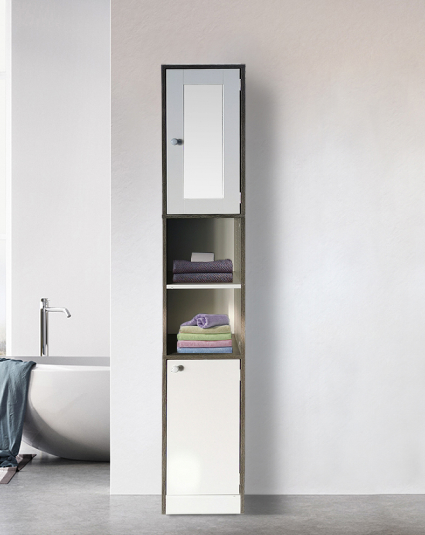 Kolomkast badkamer - opbergkast badkamer of hal - met spiegel - 180 cm hoog - grijs wit - alternatieve afbeelding