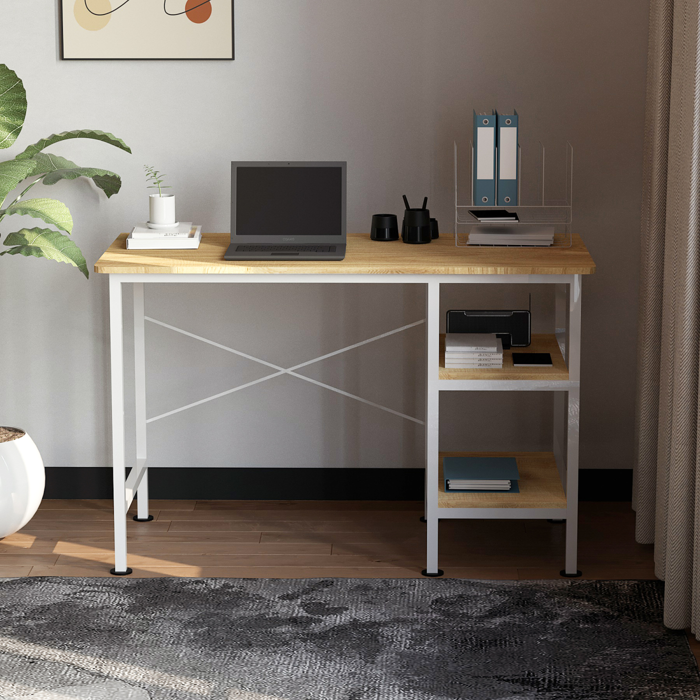Bureau computer tafel - met opbergplanken - wit metaal bruin hout - 110 cm breed - alternatieve afbeelding