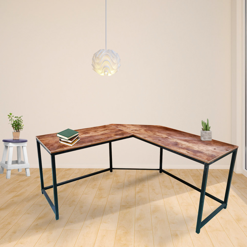 Hoekbureau Stoer - L-vormige computertafel - industrieel vintage - zwart metaal met bruin hout - alternatieve afbeelding