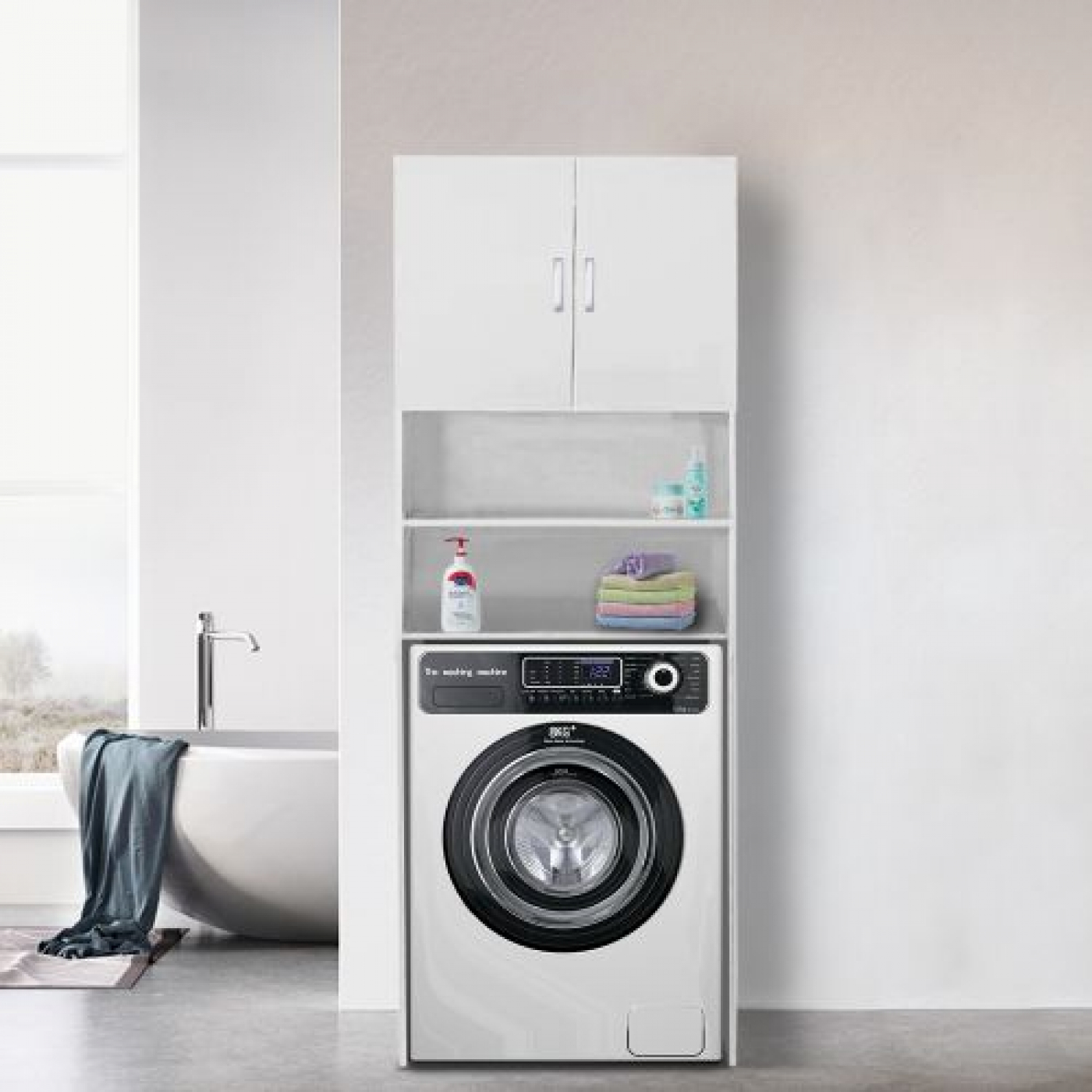 Wasmachine kast wasdroger - ombouw meubel wasmachine wasdroger - 190 cm hoog - wit - alternatieve afbeelding