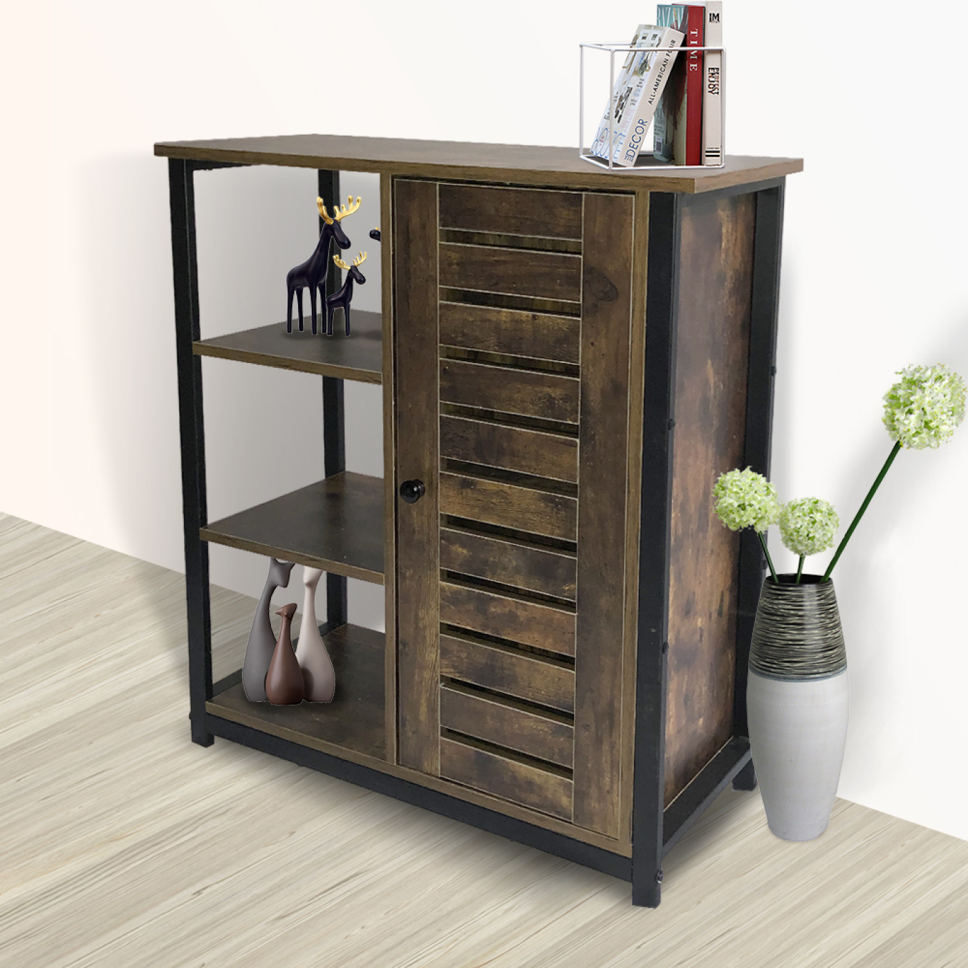 Wandkast dressoir sidetable Stoer - industrieel vintage - zwart metaal bruin hout - alternatieve afbeelding