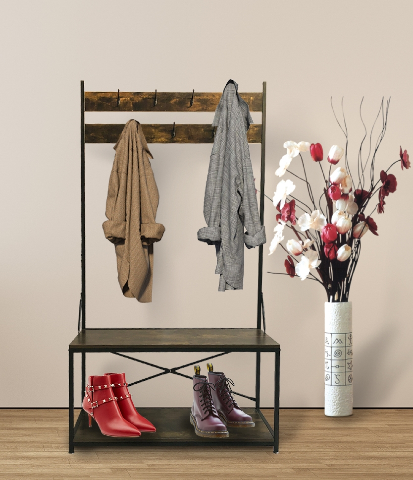 Kapstok staande groot garderobe rek Stoer - met zitbankje schoenenrek - industrieel metaal hout - 183 cm hoog - alternatieve afbeelding