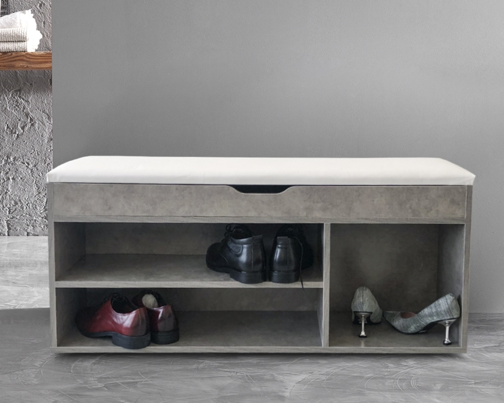 Schoenenkast hal bankje met opbergruimte - schoenenrek met zitkussen - grijs beton look - alternatieve afbeelding