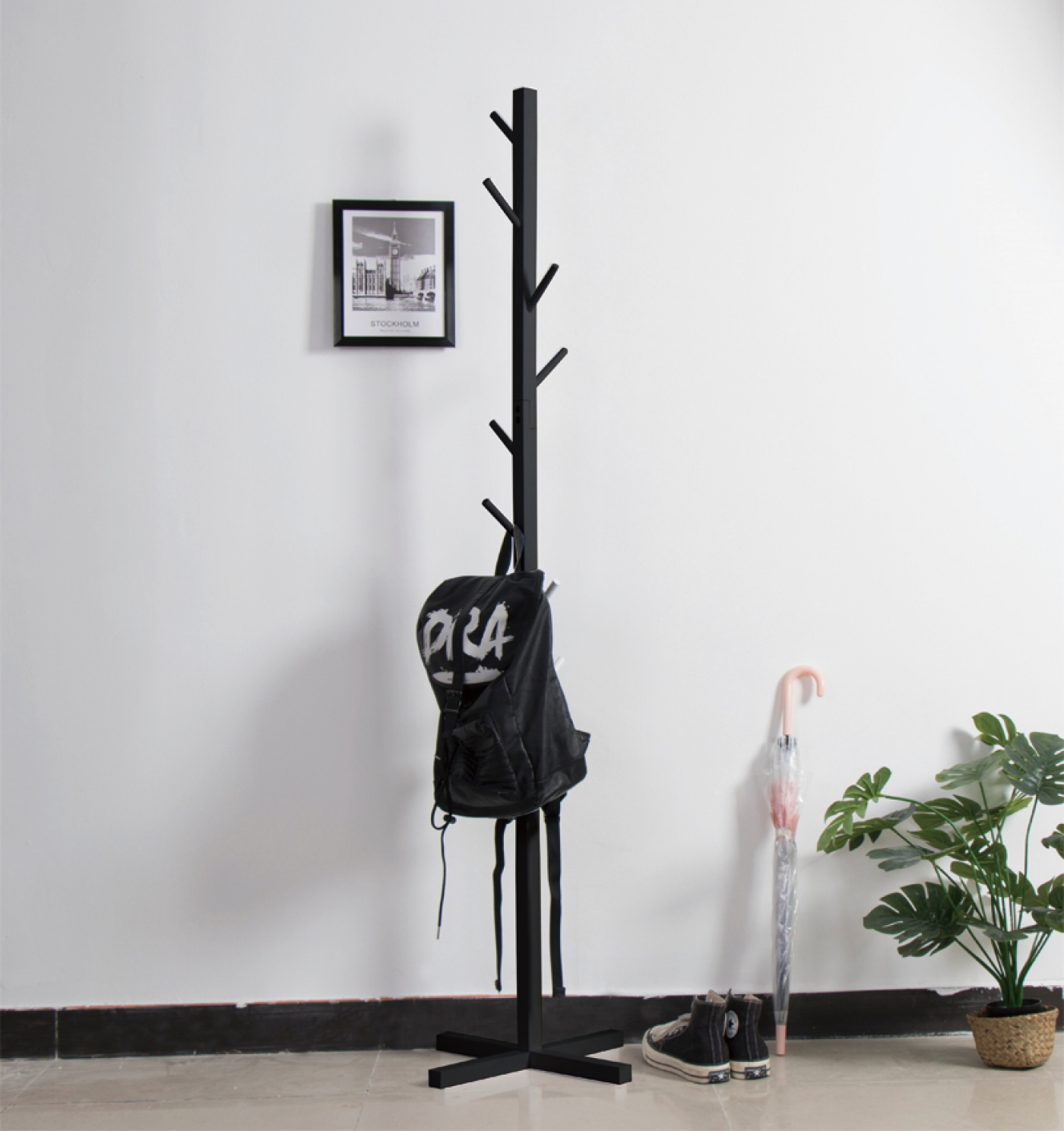 Staande kapstok hout - boom kapstok 8 haken - 176 cm hoog - zwart - alternatieve afbeelding