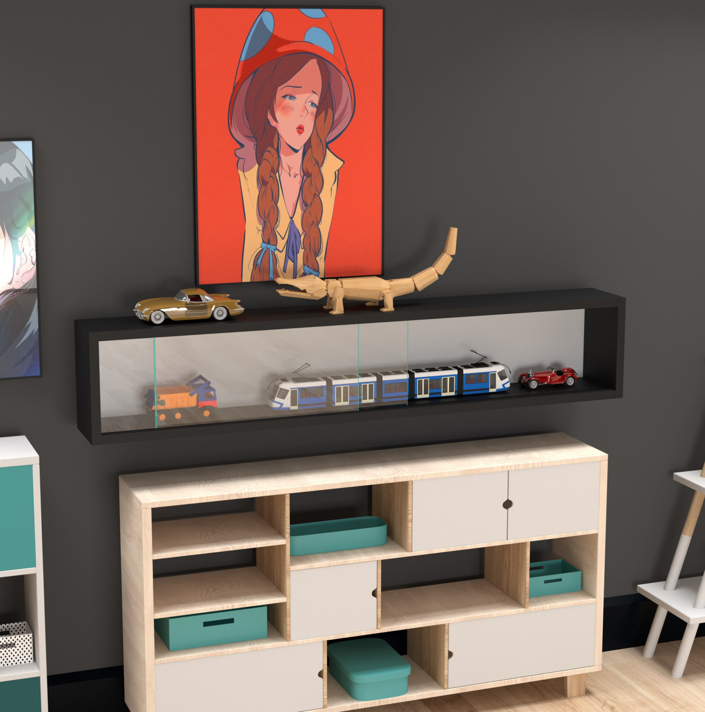 Vitrinekastje staande hangende wandvitrine - schuifdeuren - 95 x 18 x 12 cm - VDD Stage Vitrinekastje staande hangende wandvitrine - schuifdeuren - 95 x 18 x 12 cm - VDD Stage