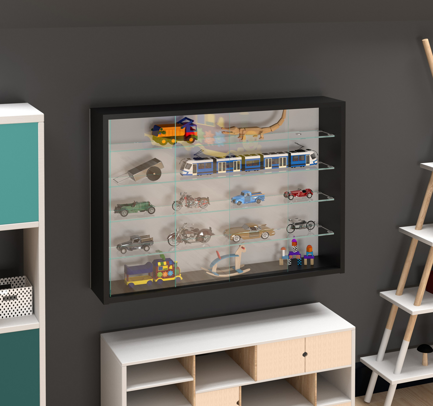 Vitrinekast staande hangende wandvitrine - schuifdeuren - 75 x 55 x 12 cm - alternatieve afbeelding