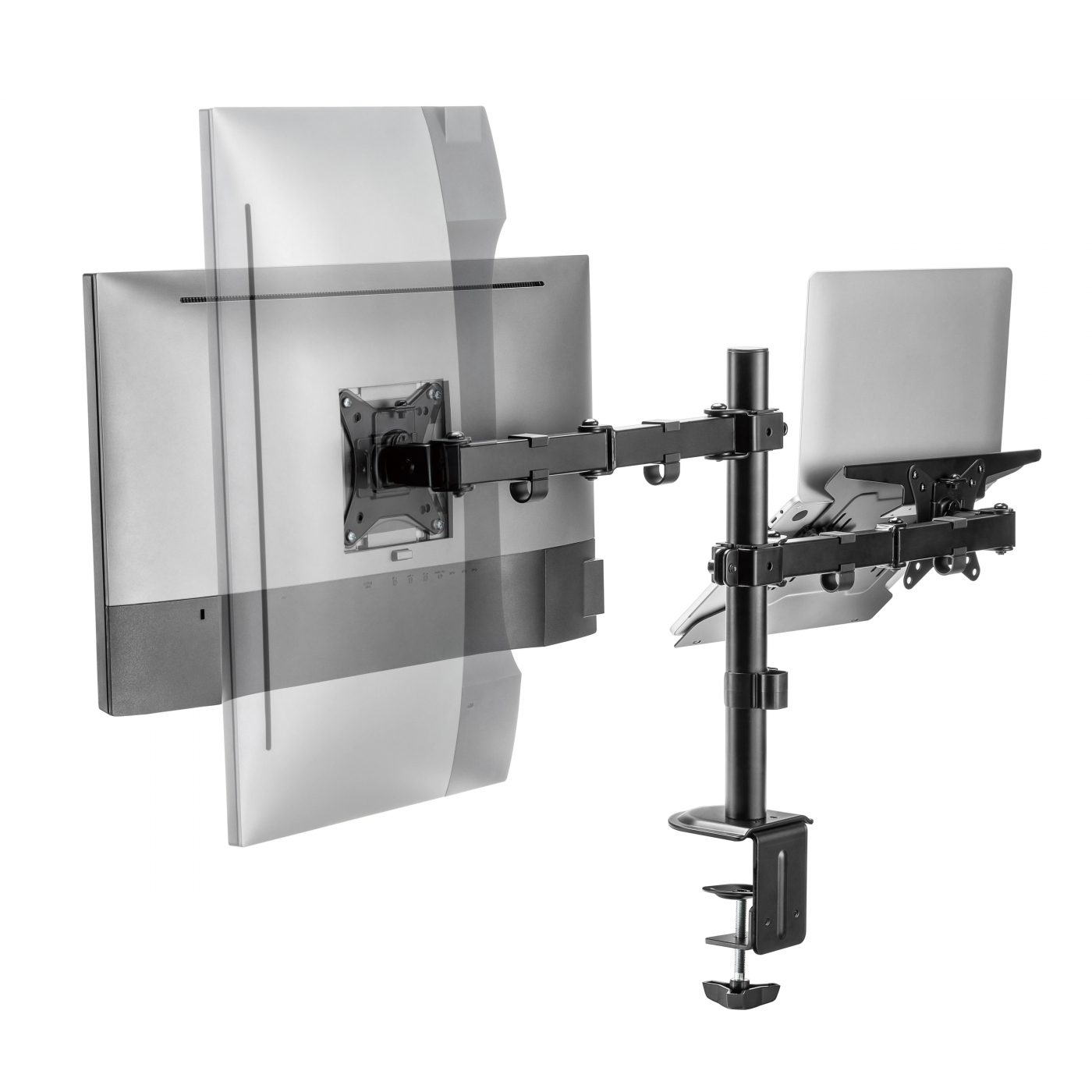 Monitorarm met laptopstandaard - draaibaar roteerbaar kantelbaar hoogte verstelbaar - 17 - 32 inch scherm - VDD Stage Monitorarm met laptopstandaard - draaibaar roteerbaar kantelbaar hoogte verstelbaar - 17 - 32 inch scherm - VDD Stage