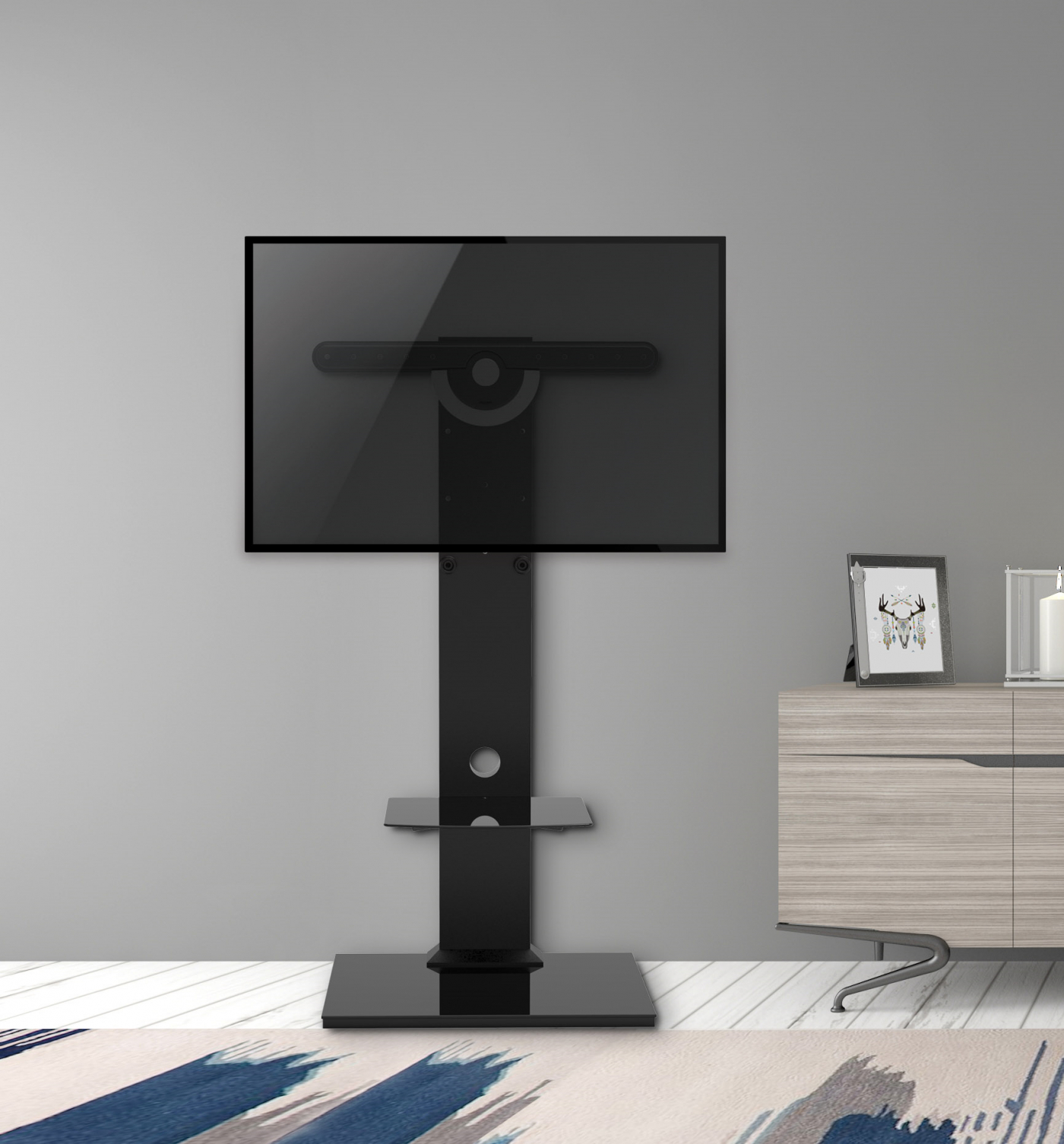 TV standaard - tv statief voet - hout met glas - hoogte verstelbaar tot 125 cm - alternatieve afbeelding